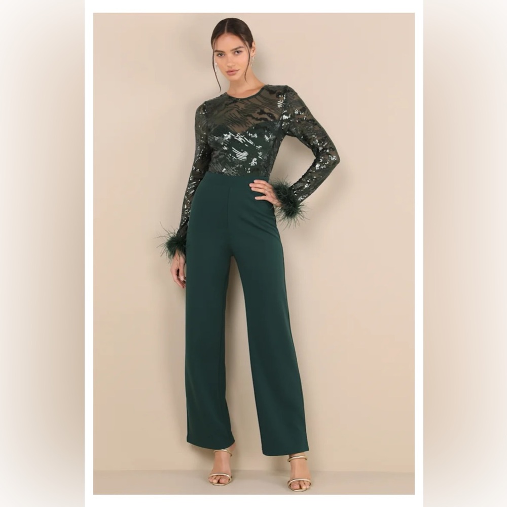 Green Sequin Feather Long Sleeve Jumpsuit